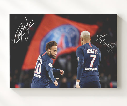 Neymar Jr and Kylian Mbappe PSG Dynamic Duo Celebration - Canvas soccer wall art