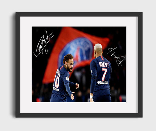 Neymar Jr and Kylian Mbappe PSG Dynamic Duo Celebration Soccer Print 16x20 Gallery Framed Artwork wall art print – soccer decor