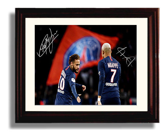 Neymar Jr and Kylian Mbappe PSG Dynamic Duo Celebration Soccer Print 8x10 Beveled Frame soccer wall art print – Soccer Prints decor