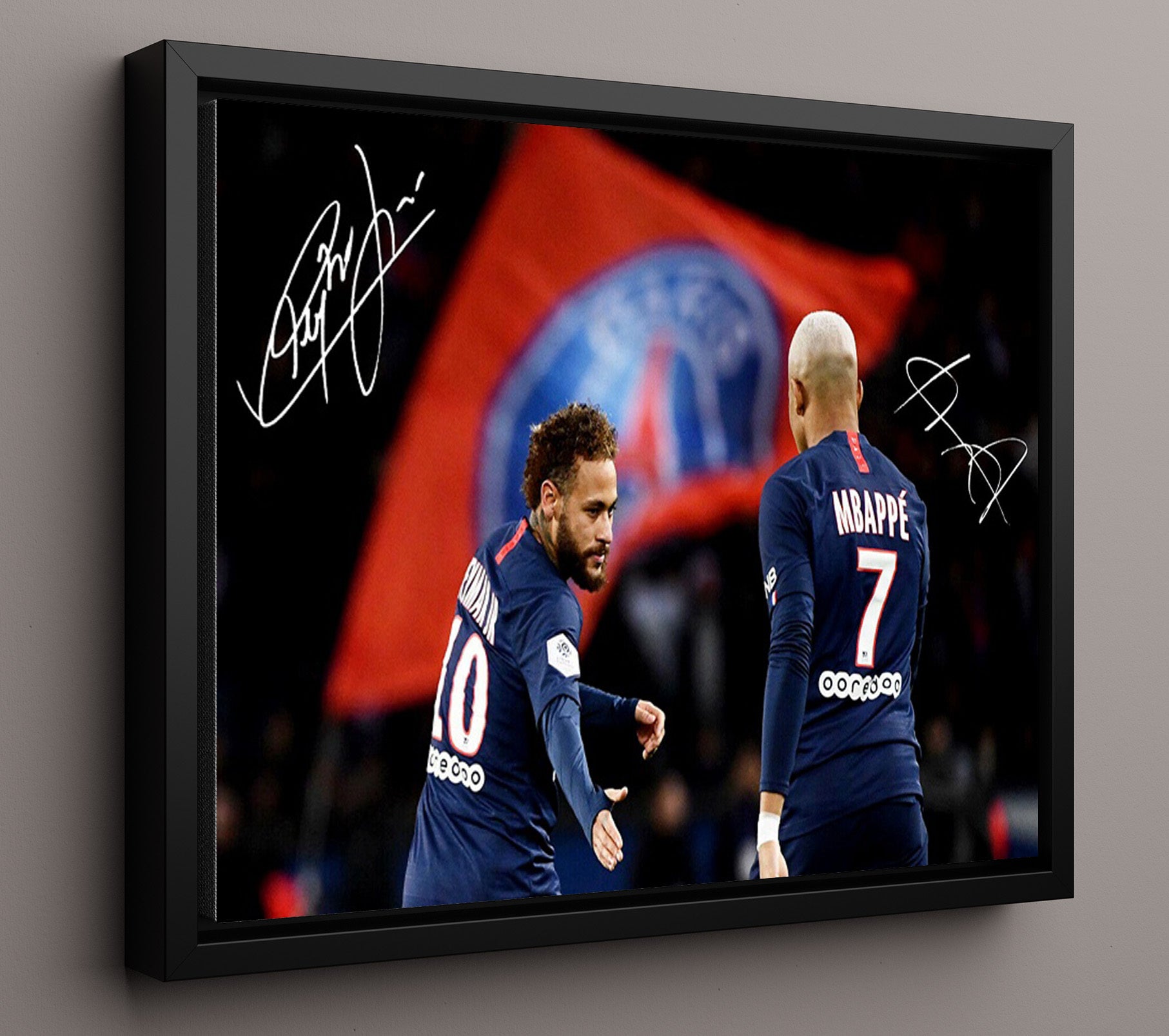 Neymar Jr and Kylian Mbappe PSG Dynamic Duo Celebration Soccer Print 16x20 Framed Canvas soccer wall art print – Soccer Prints decor