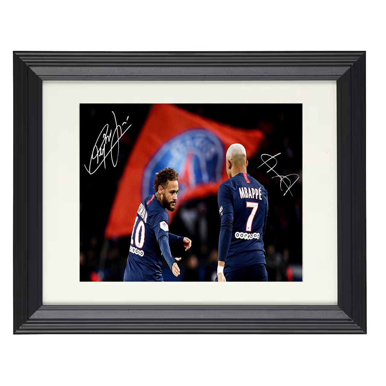 Neymar and Mbappé – PSG Dynamic Duo Celebration 8x10 matted black framed soccer wall art