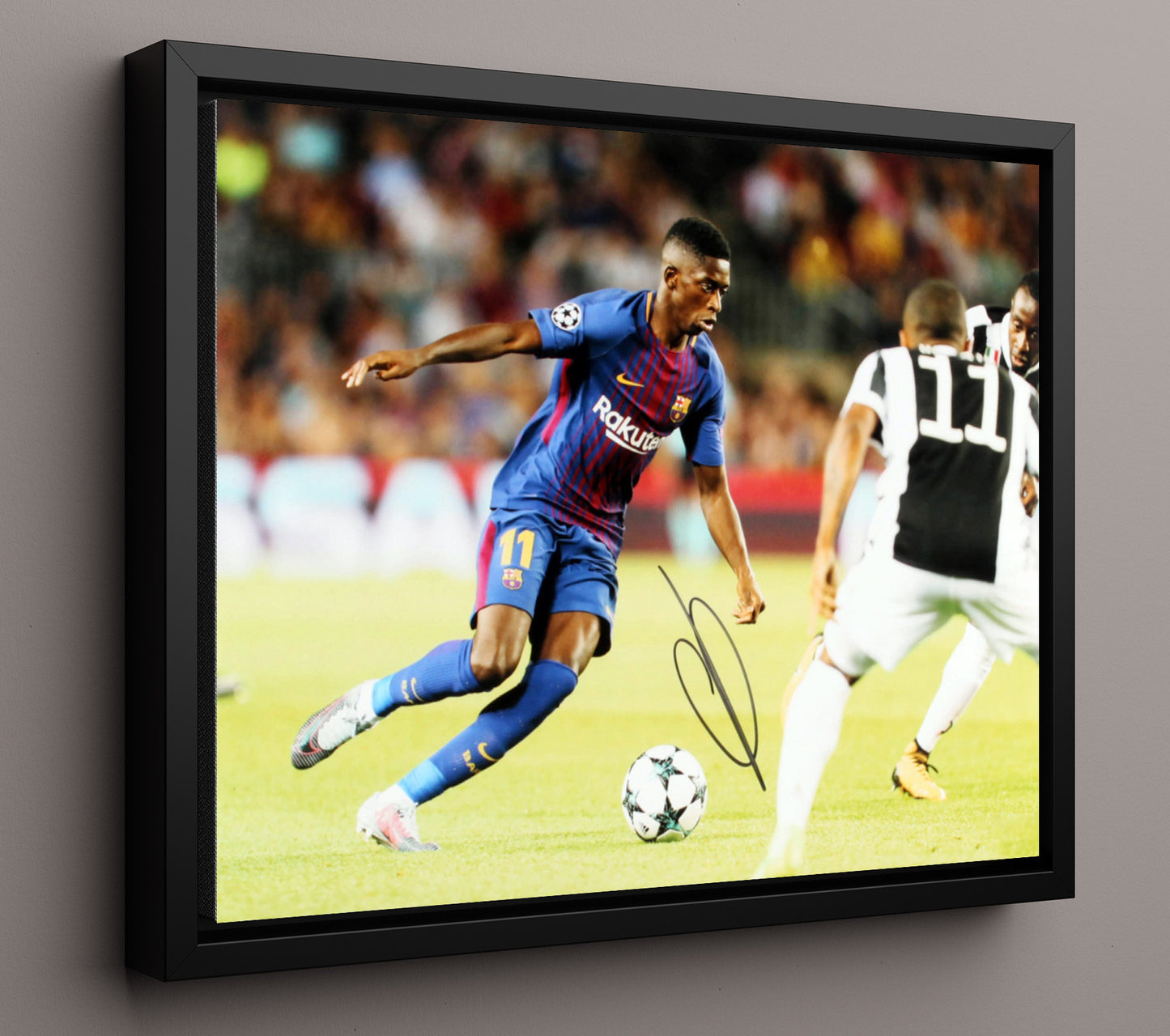 Ousmane Dembele FC Barcelona Champions League Dribble Attack Soccer Print 16x20 Framed Canvas soccer wall art print – Soccer Prints decor