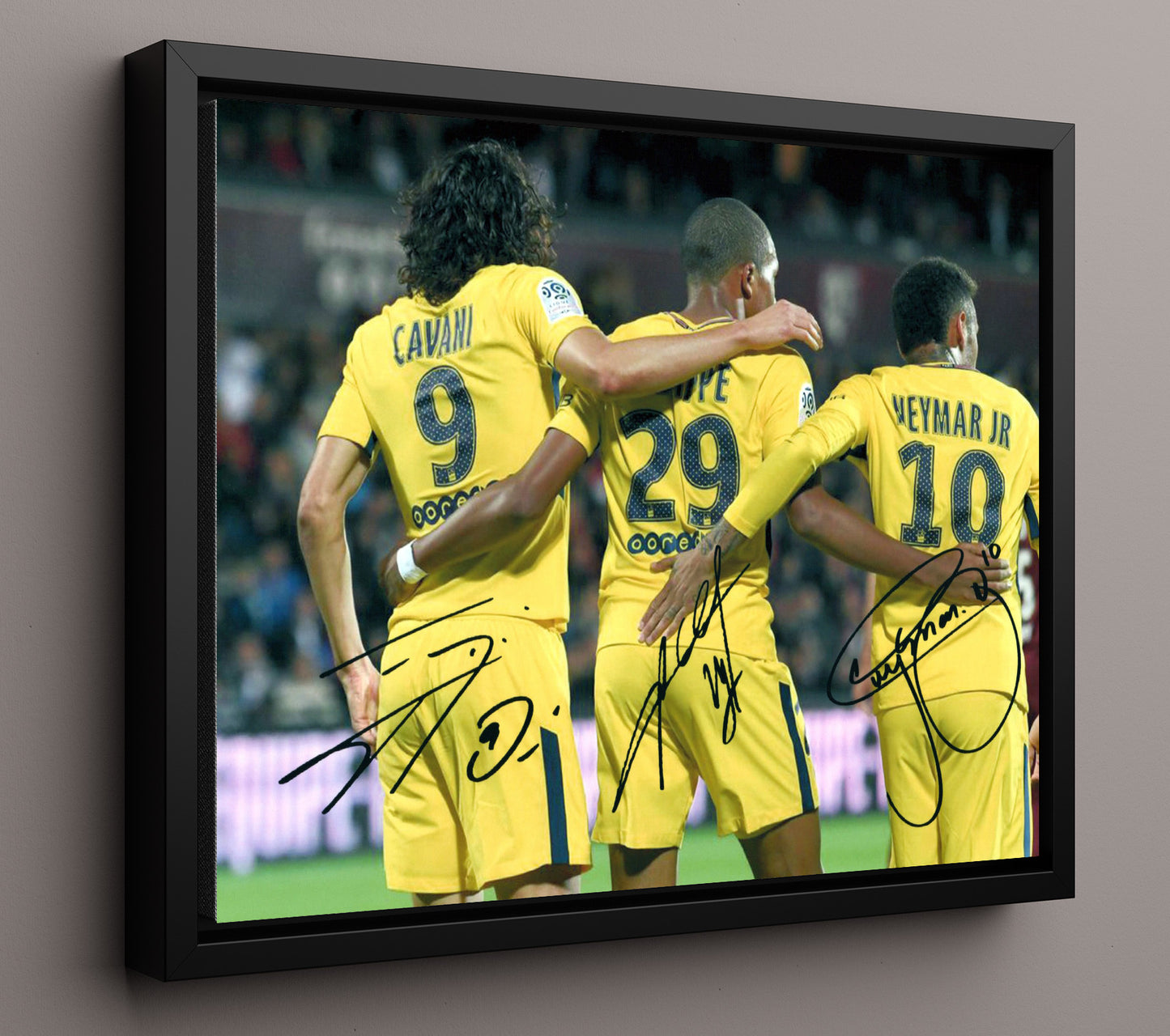 PSG Trio Neymar Mbappe Cavani Paris Saint Germain Goal Celebration Print Soccer 16x20 Framed Canvas soccer wall art print – Soccer Prints decor