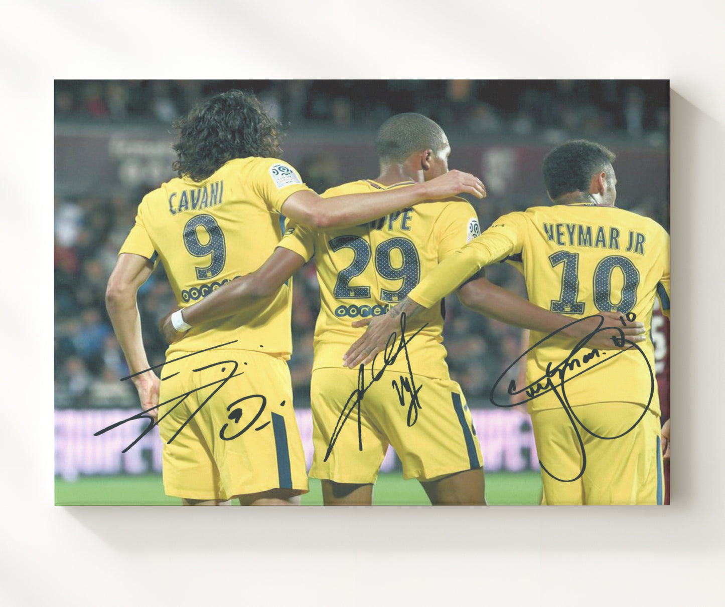 PSG Trio Neymar Mbappe Cavani Paris Saint Germain Goal Celebration Print Soccer 20x24 Canvas soccer wall art print – Soccer Prints decor