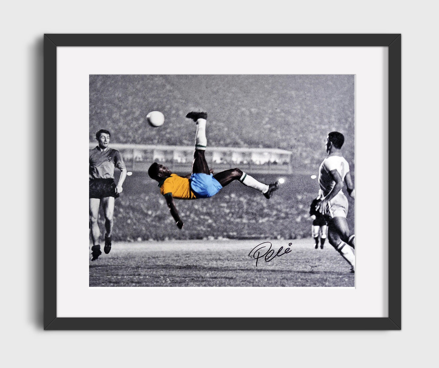 Pele Brazil Iconic Bicycle Kick Action Soccer Print 16x20 Gallery Frame soccer wall art print – Soccer Prints decor