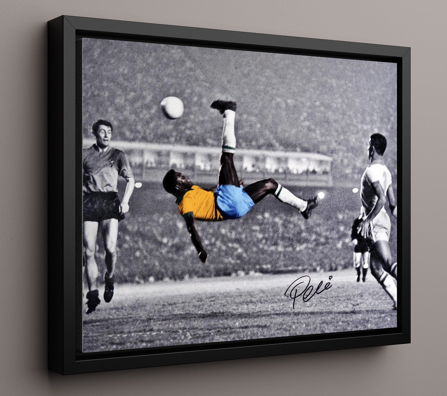 Pele Brazil Iconic Bicycle Kick Action Soccer Print 16x20 Framed Canvas soccer wall art print – Soccer Prints decor