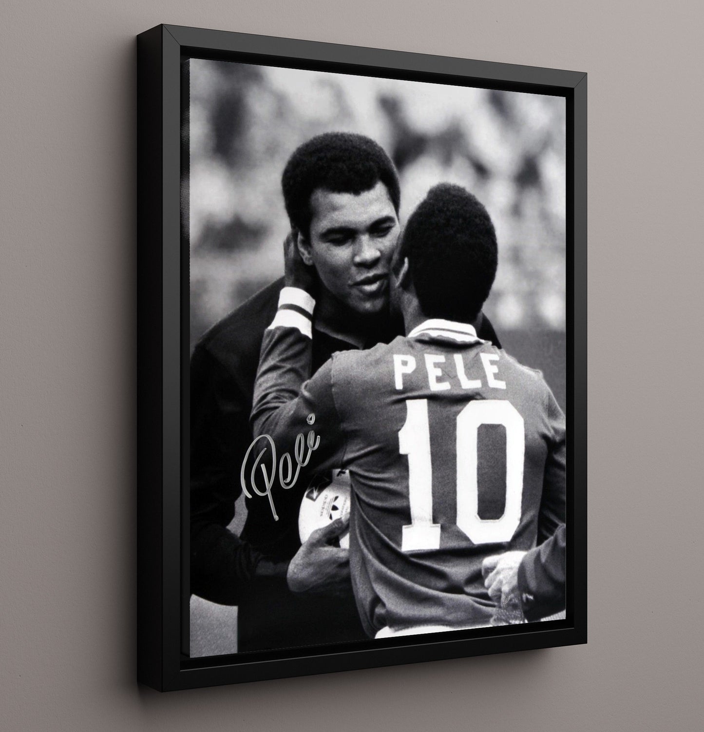 Pele Brazil Legend Greeting Muhammad Ali BandW Soccer Print 16x20 Framed Canvas soccer wall art print – Soccer Prints decor