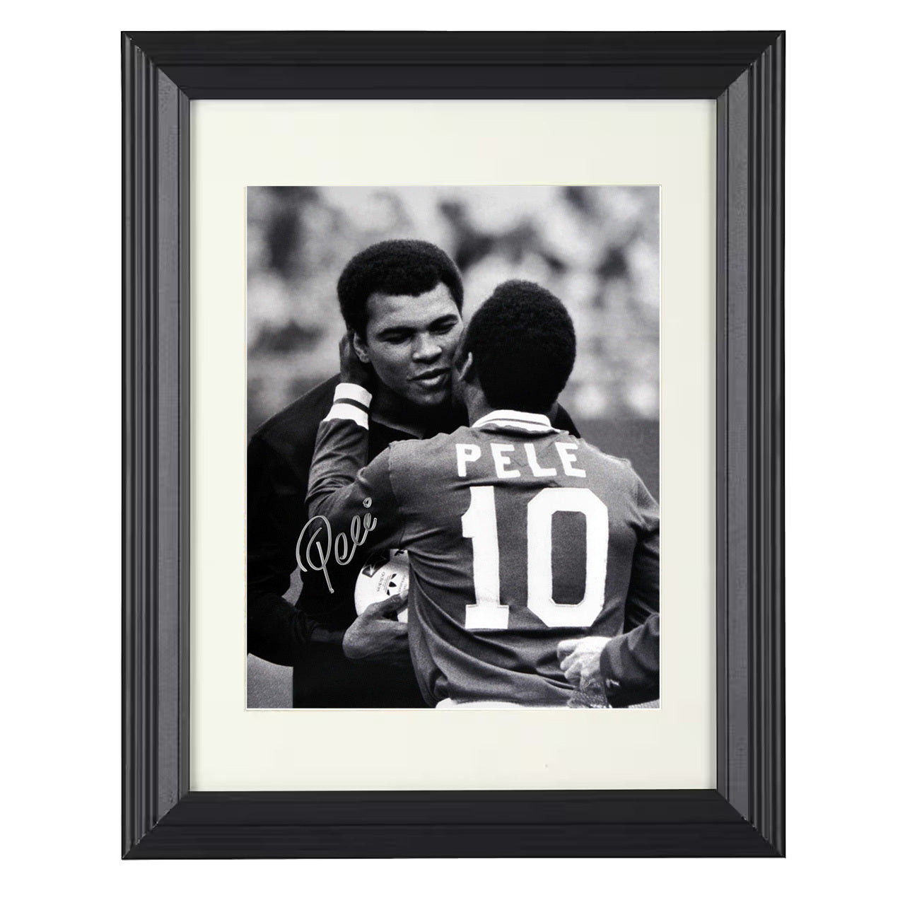 Pelé – Brazil Legend Greeting Muhammad Ali Monochrome 8x10 matted black framed soccer wall art