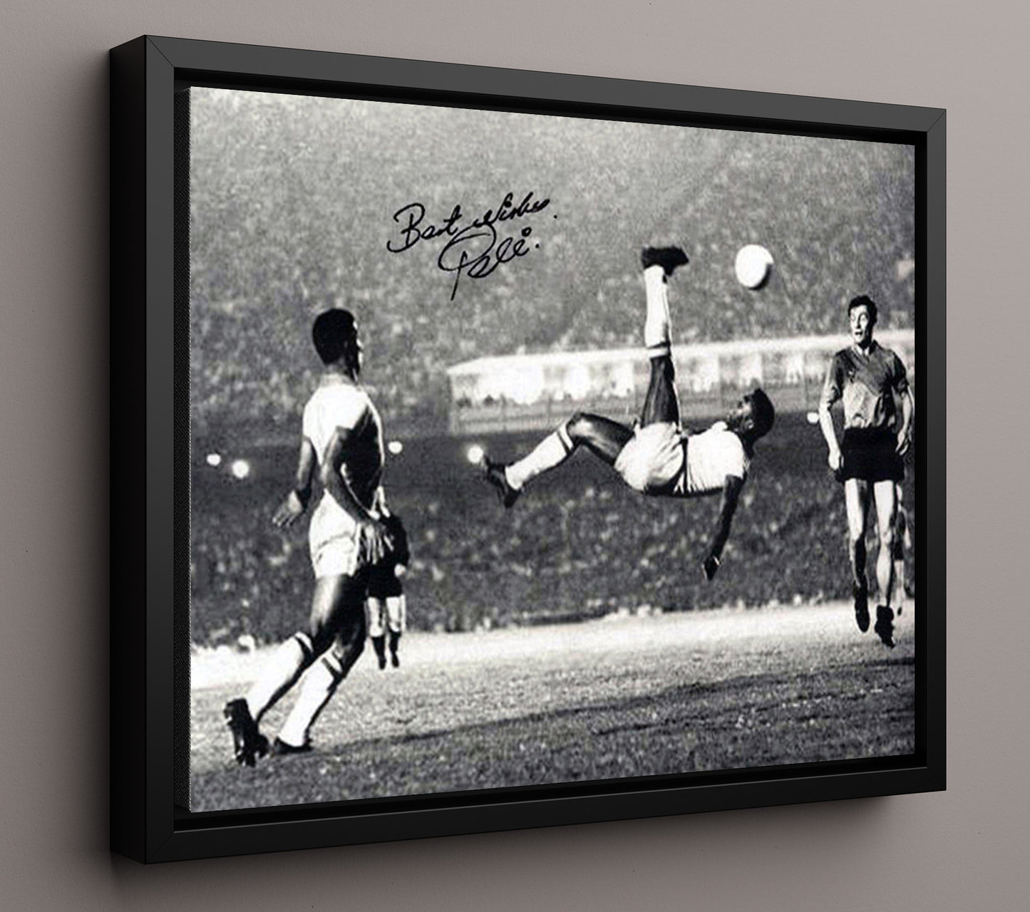 Pele Brazil Legendary Bicycle Kick Iconic Stadium Moment Soccer Print 16x20 Framed Canvas soccer wall art print – Soccer Prints decor