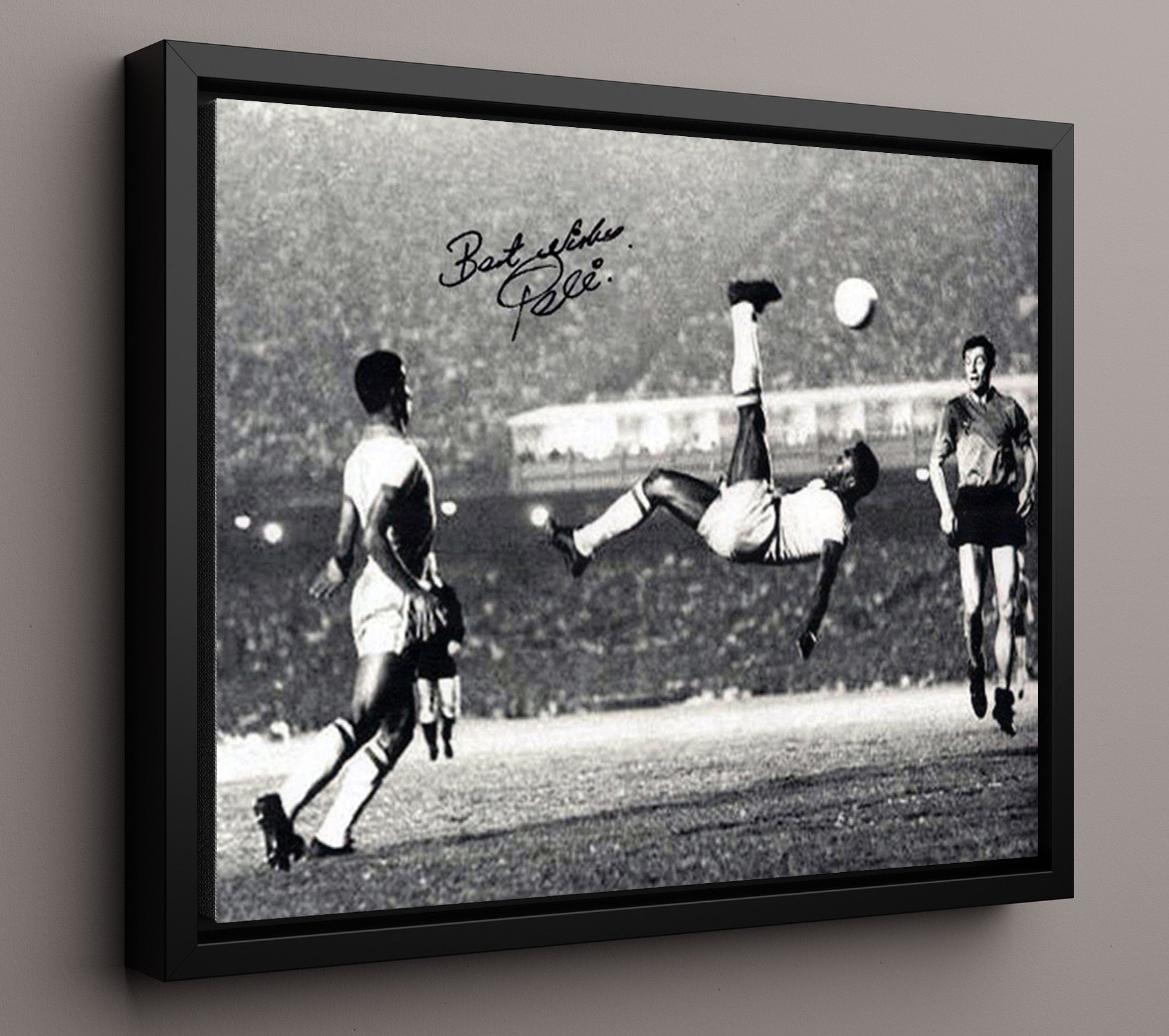 Pele Brazil Legendary Bicycle Kick Iconic Stadium Moment Soccer Print 16x20 Framed Canvas soccer wall art print – Soccer Prints decor