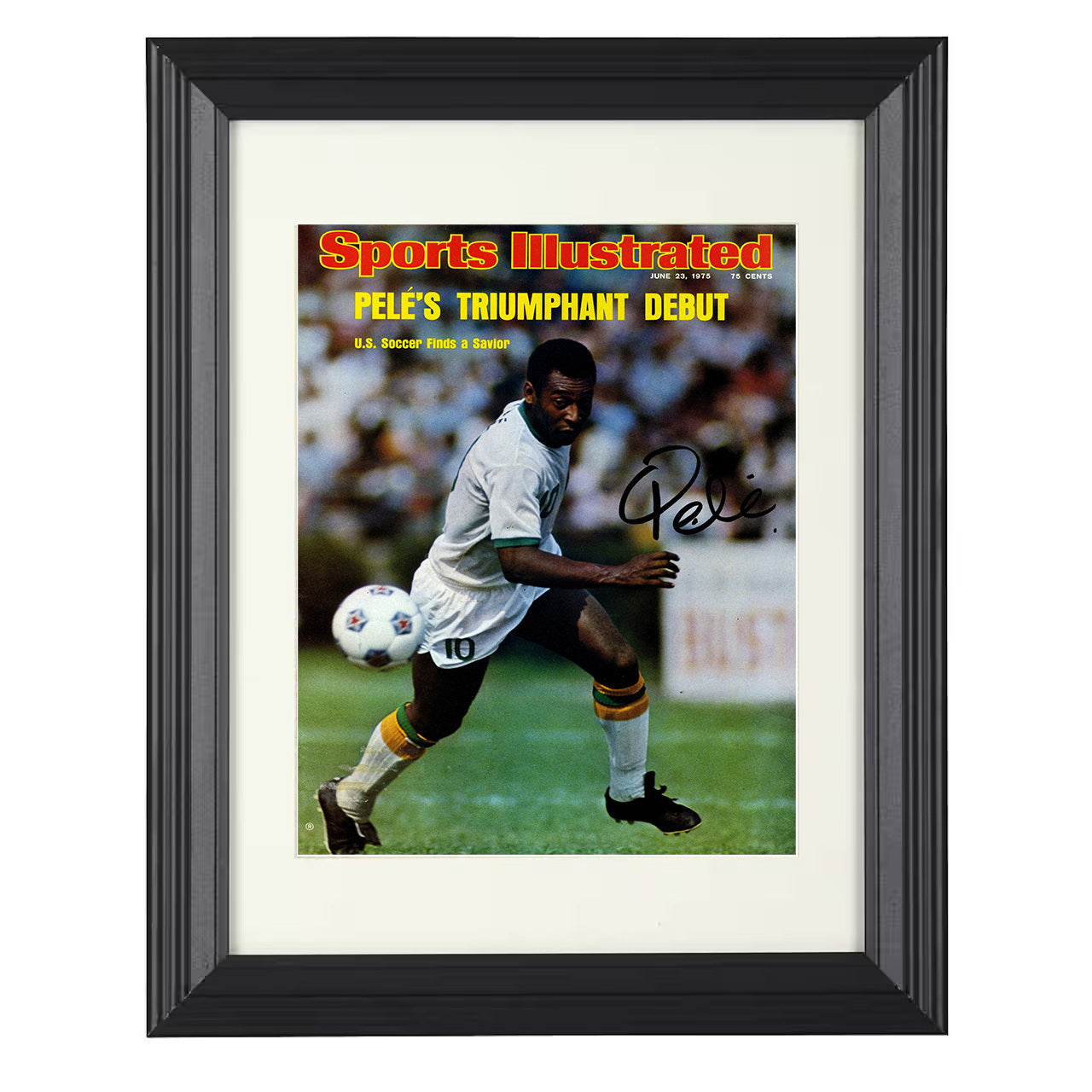 Pelé – Brazil Triumphant Debut 1975 SI 8x10 matted black framed soccer wall art