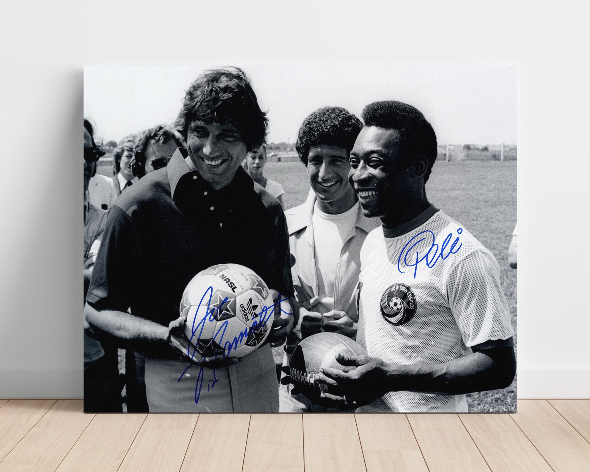 Pele and Joe Namath New York Cosmos Legends Meeting Soccer Print 16x20 Unframed Print soccer wall art print – Soccer Prints decor