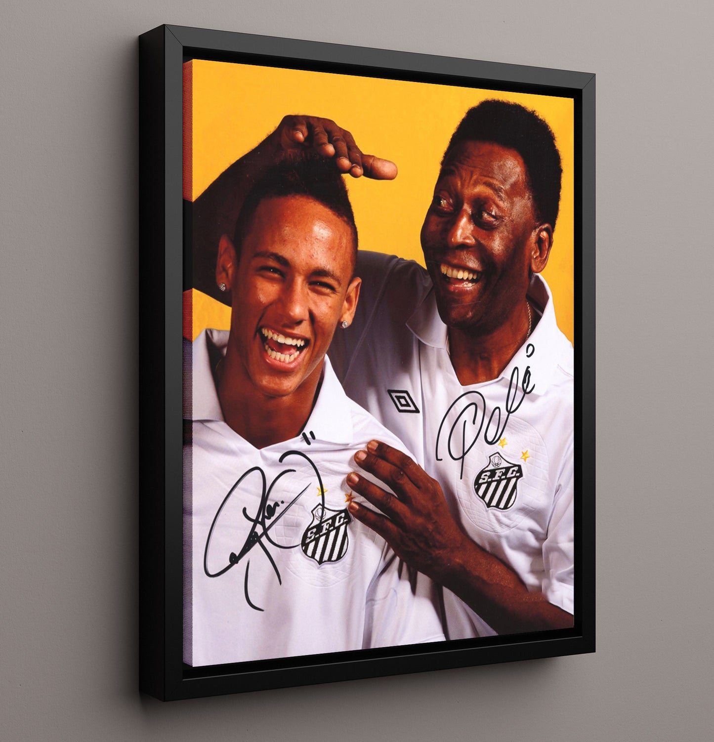 Pele and Neymar Santos FC Generations of Greatness Soccer Print 16x20 Framed Canvas soccer wall art print – Soccer Prints decor