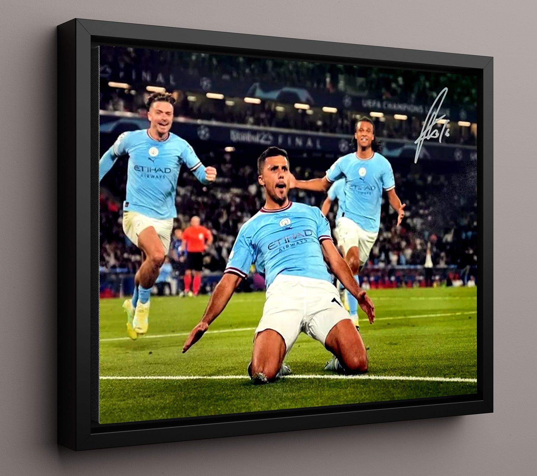 Rodri Manchester City Champions League Knee Slide Celebration Soccer Print 16x20 Framed Canvas soccer wall art print – Soccer Prints decor