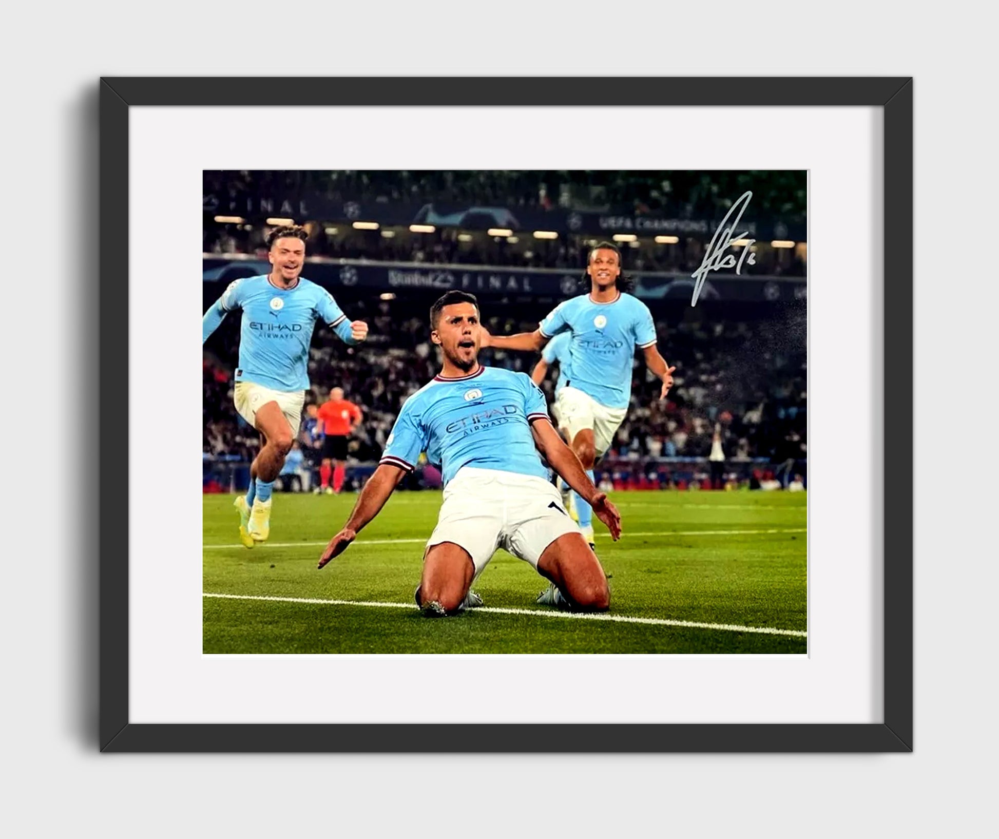 Rodri Manchester City Champions League Knee Slide Celebration Soccer Print 16x20 Gallery Frame soccer wall art print – Soccer Prints decor