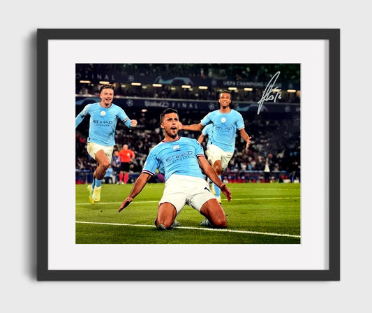 Rodri Manchester City Champions League Knee Slide Celebration Soccer Print 16x20 Gallery Framed Artwork wall art print – soccer decor