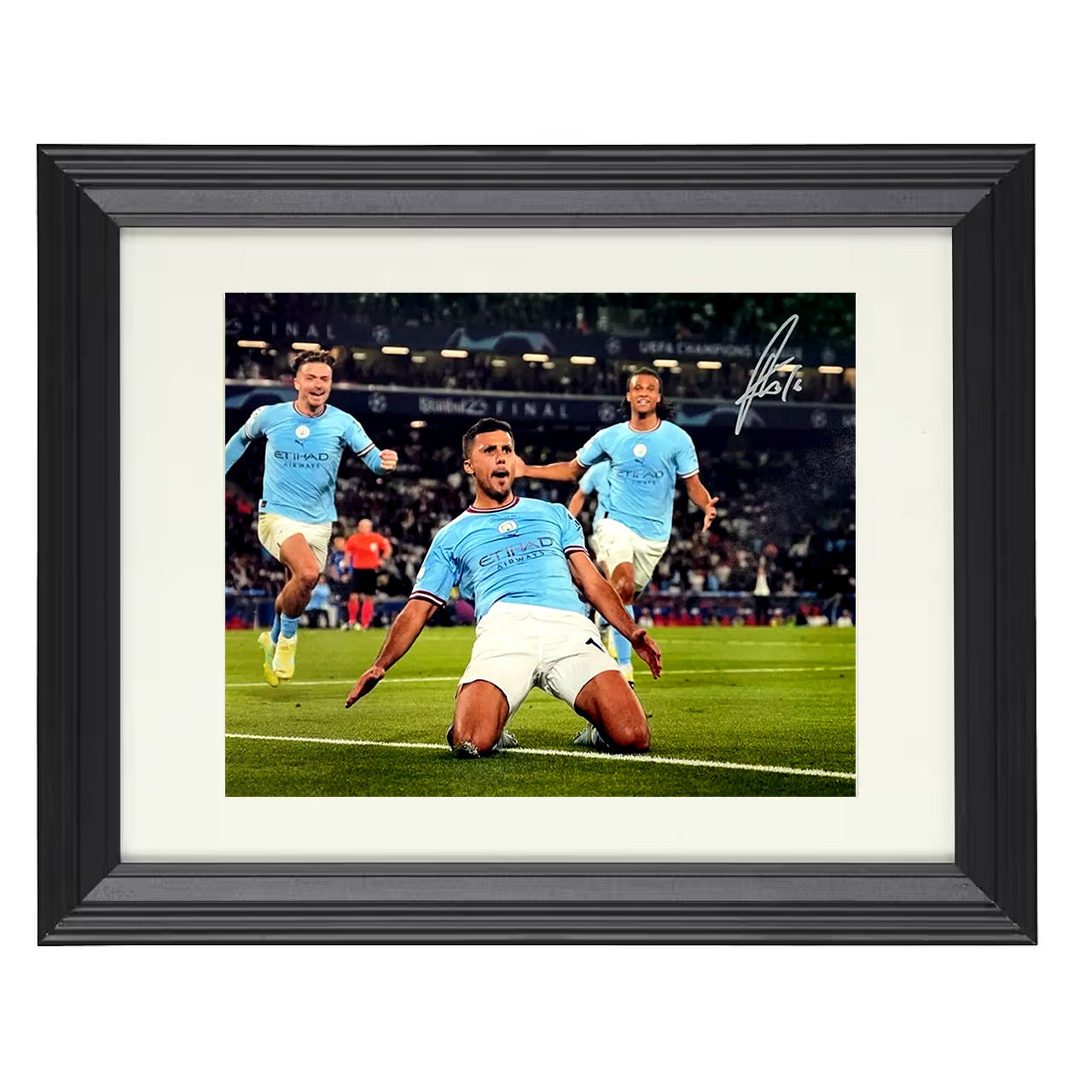 Rodri – Man City UCL Knee Slide Celebration 8x10 matted black framed soccer wall art