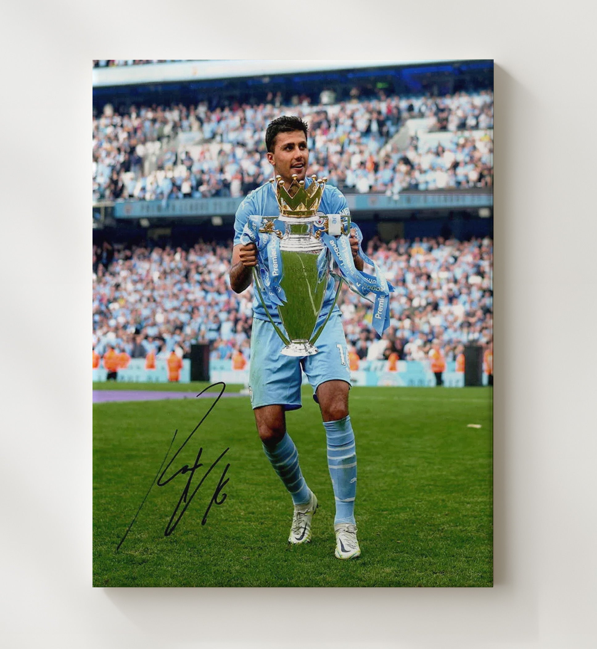 Rodri Manchester City Premier League Trophy Presentation Champion Moment Soccer 20x24 Canvas soccer wall art print – Soccer Prints decor