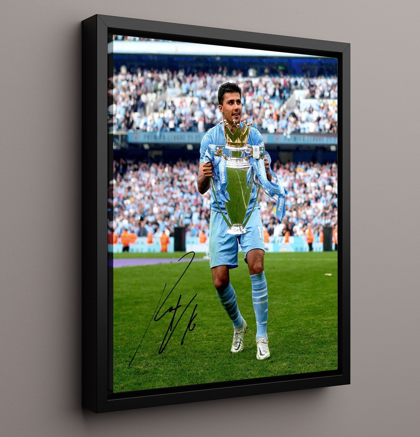Rodri Manchester City Premier League Trophy Presentation Champion Moment Soccer 16x20 Framed Canvas soccer wall art print – Soccer Prints decor