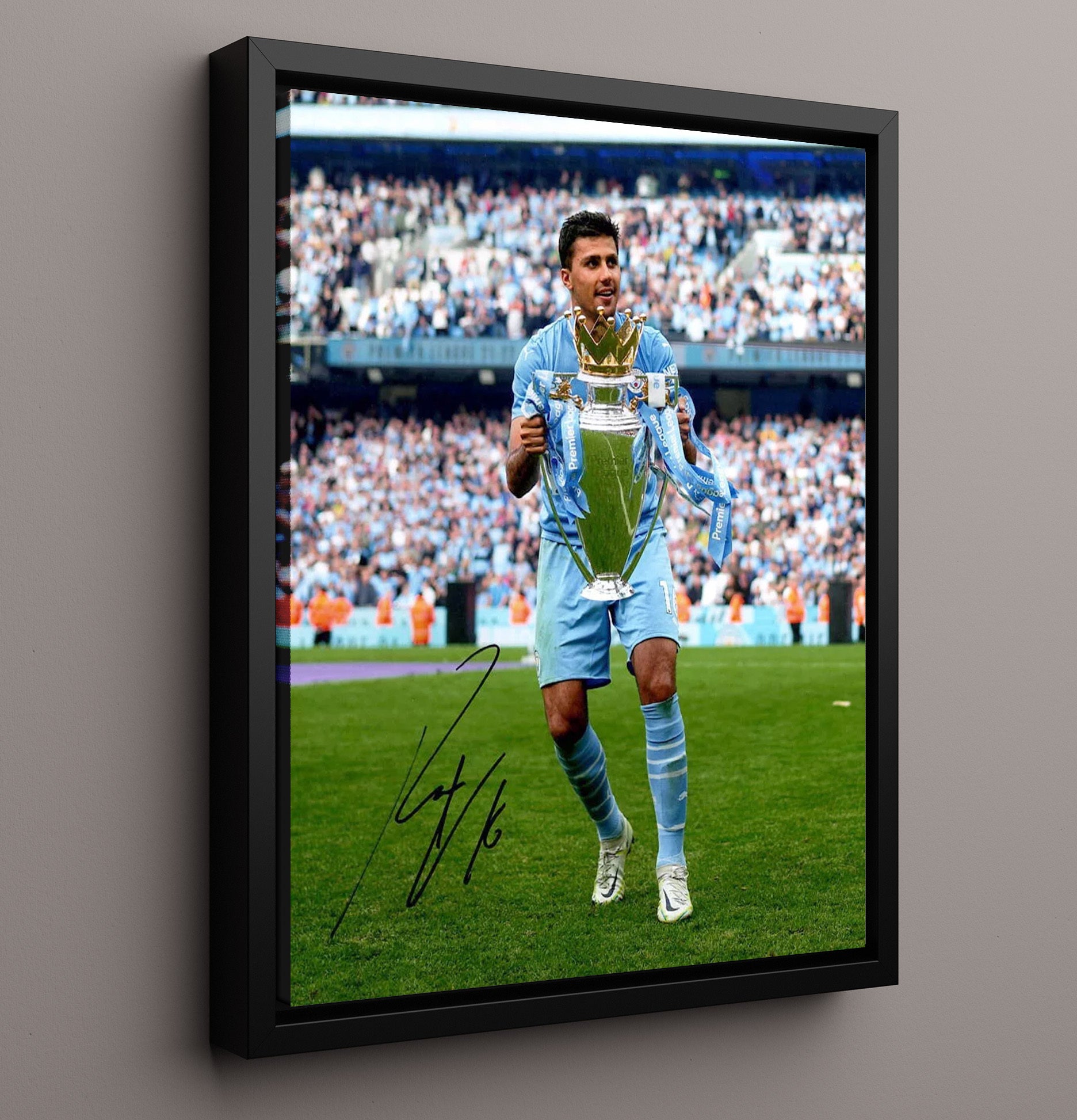 Rodri Manchester City Premier League Trophy Presentation Champion Moment Soccer 16x20 Framed Canvas soccer wall art print – Soccer Prints decor