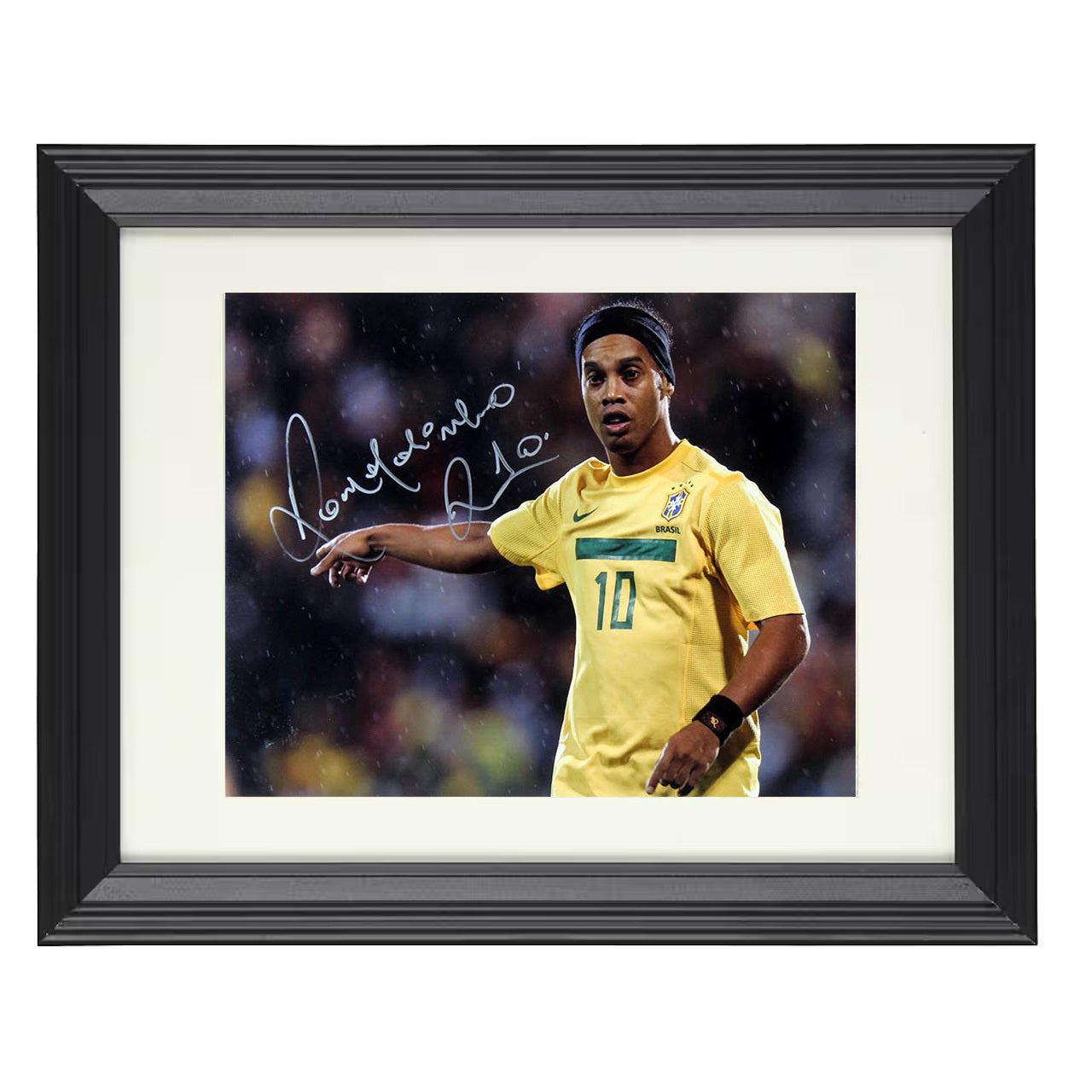 Ronaldinho – Brazil Pointing Playmaker Gesture 8x10 matted black framed soccer wall art