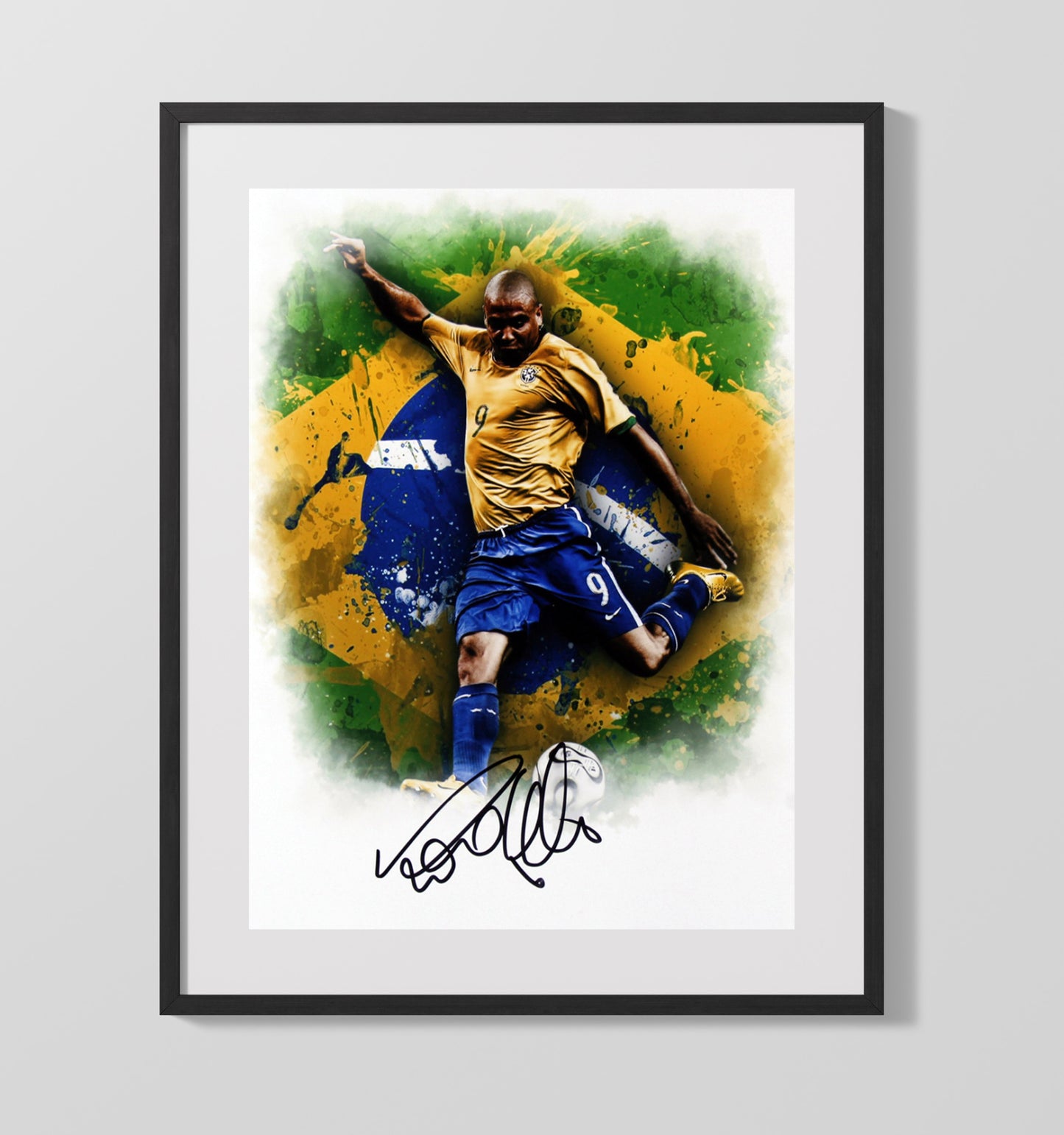 Ronaldo Nazario Brazil Power Strike World Cup Legend Soccer Print 16x20 Gallery Frame soccer wall art print – Soccer Prints decor