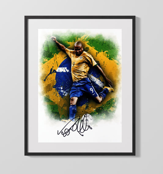 Ronaldo Nazario Brazil Power Strike World Cup Legend Soccer Print 16x20 Gallery Framed Artwork wall art print – soccer decor