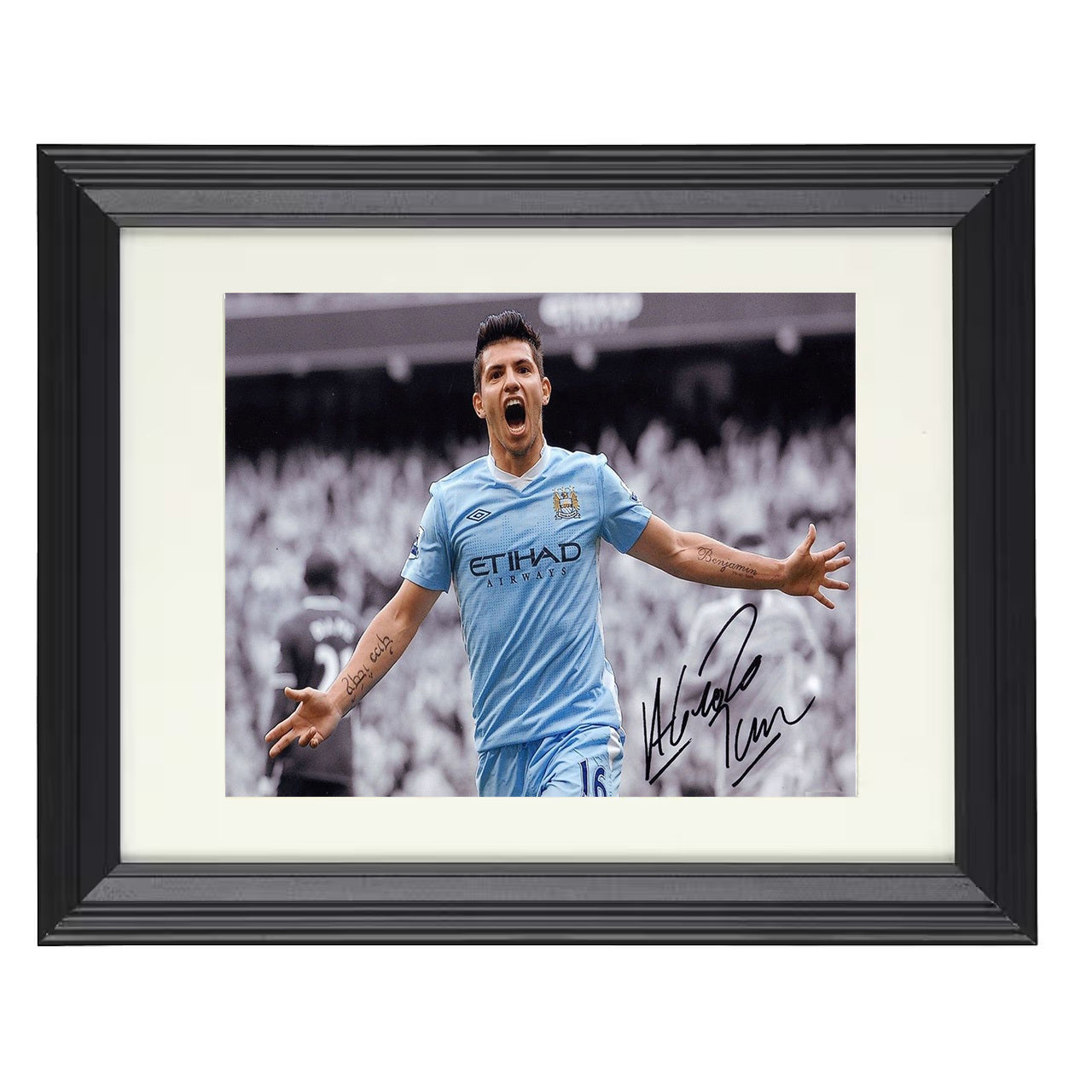 Sergio Agüero – Manchester City Arms Wide Goal Celebration 8x10 matted black framed soccer wall art