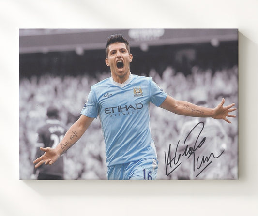 Sergio Aguero Manchester City Arms Wide Goal Celebration - Canvas soccer wall art