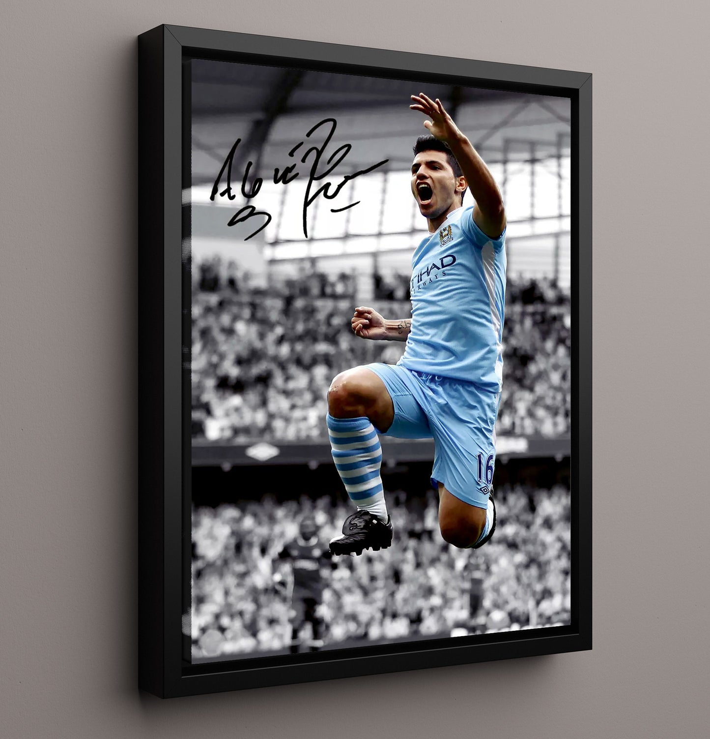 Sergio Aguero Manchester City Last Minute Title Winning Goal 2012 Soccer Wall 16x20 Framed Canvas soccer wall art print – Soccer Prints decor