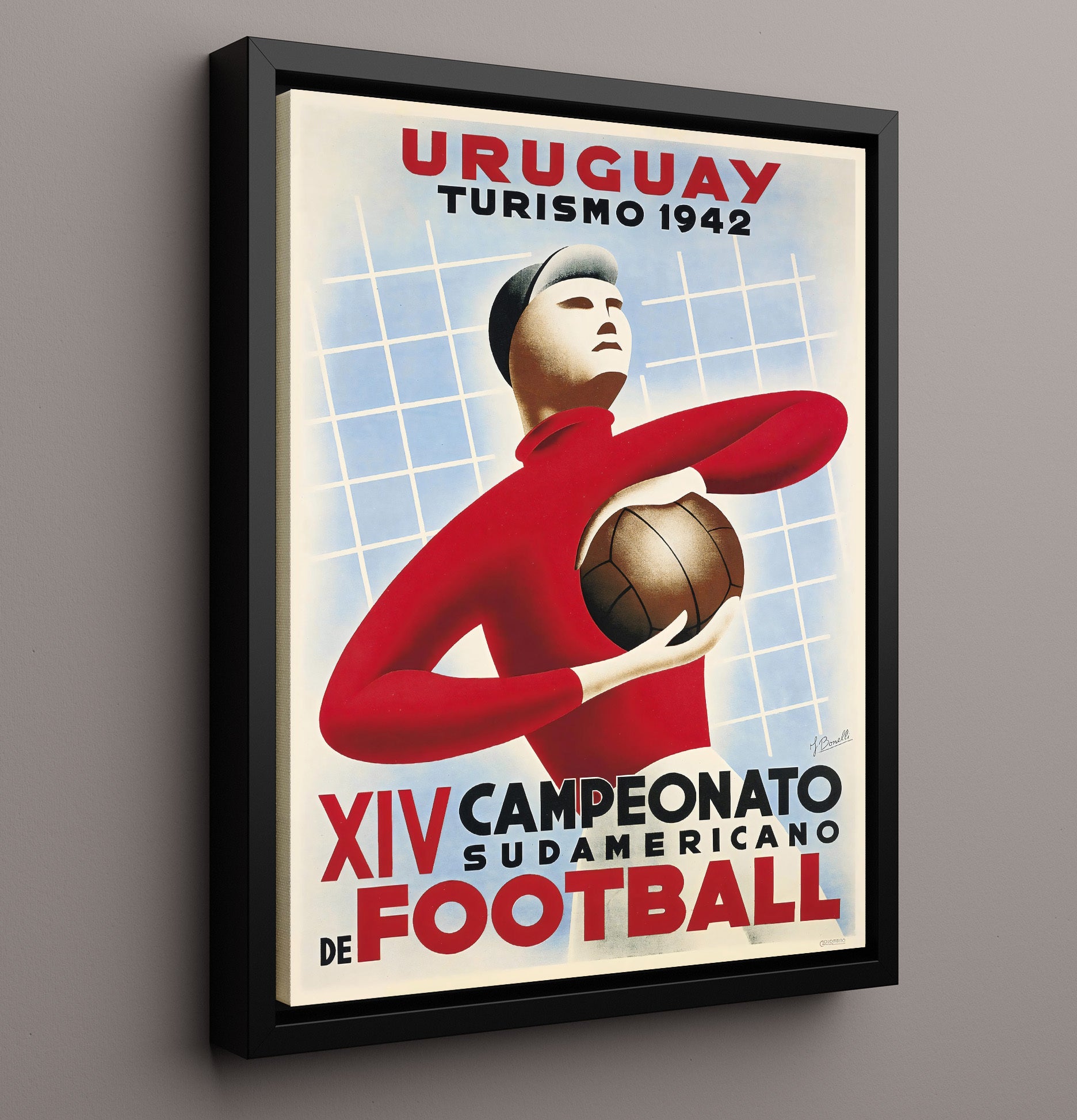 South American Championship Poster Uruguay 1942 Goalkeeper Art Deco Design 16x20 Framed Canvas soccer wall art print – Soccer Prints decor
