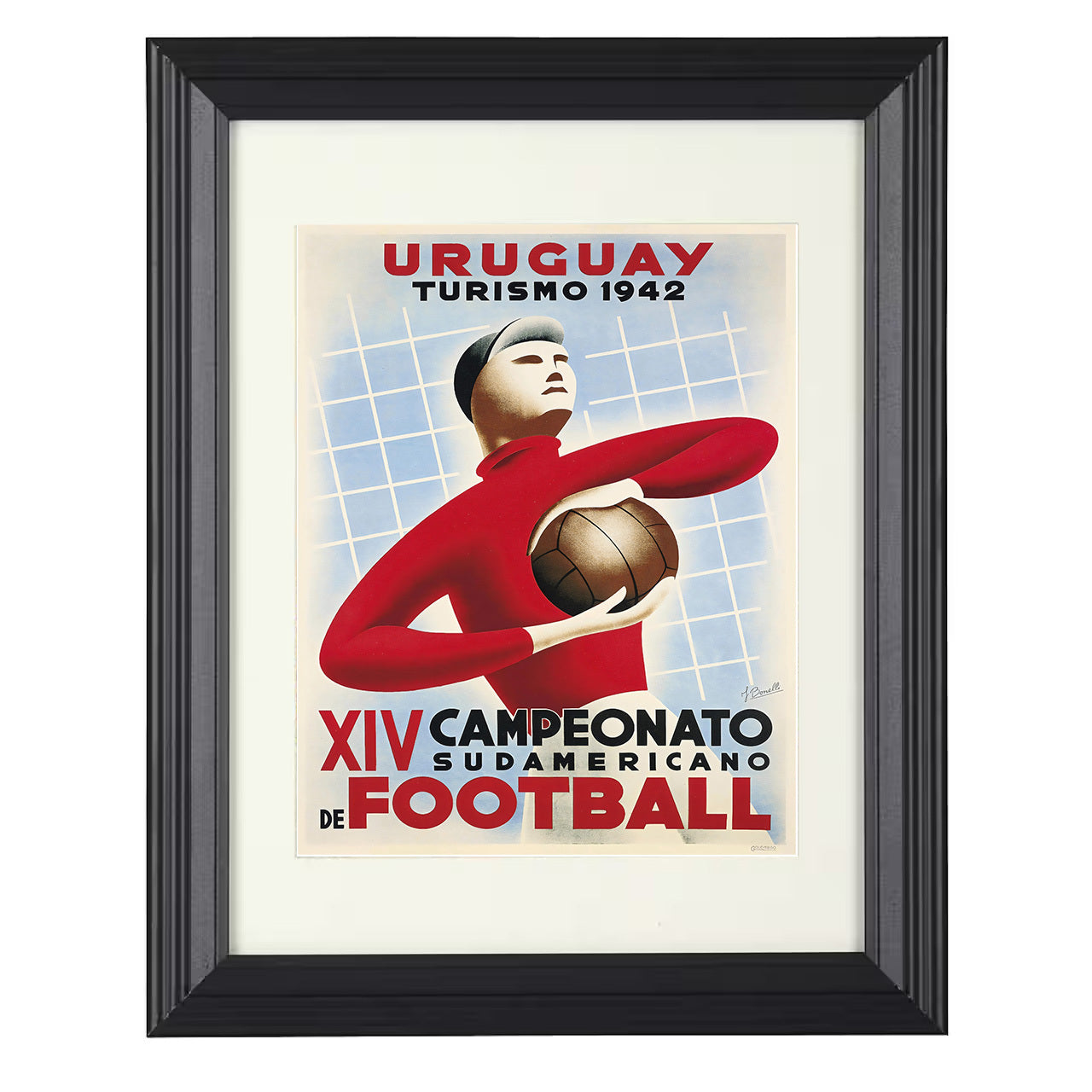 South American Championship Artwork – Uruguay 1942 Art Deco 8x10 matted black framed soccer wall art