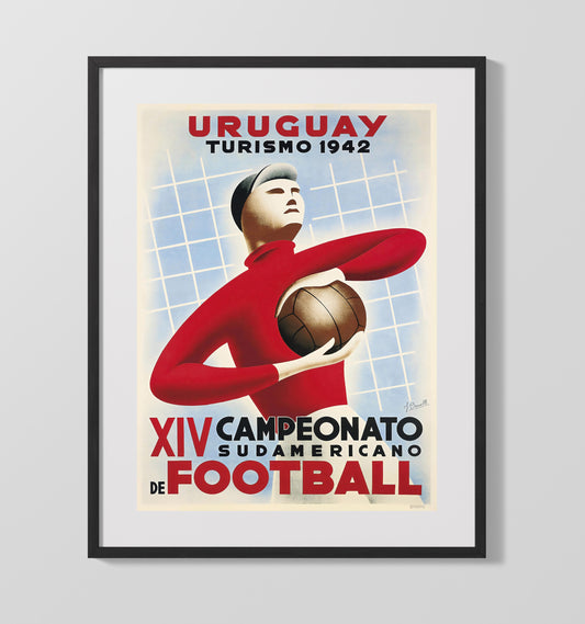 South American Championship Poster Uruguay 1942 Goalkeeper Art Deco Design 16x20 Gallery Framed Artwork wall art print – soccer decor