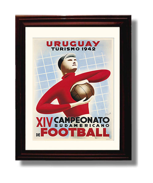 South American Championship Poster Uruguay 1942 Goalkeeper Art Deco Design 8x10 Beveled Frame soccer wall art print – Soccer Prints decor