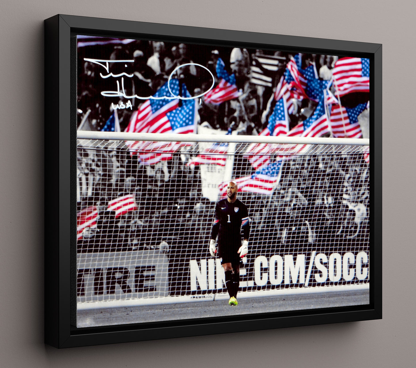 Tim Howard USA Goalkeeper Commanding Goal Mouth Soccer Print 16x20 Framed Canvas soccer wall art print – Soccer Prints decor