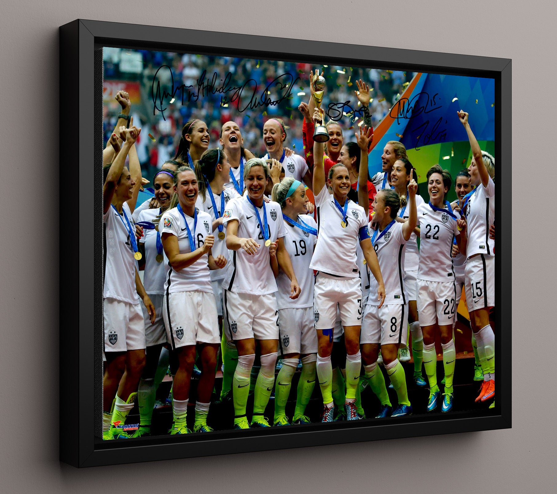 USA Women National Team 2015 World Cup Champions Trophy Celebration Soccer Wall 16x20 Framed Canvas soccer wall art print – Soccer Prints decor