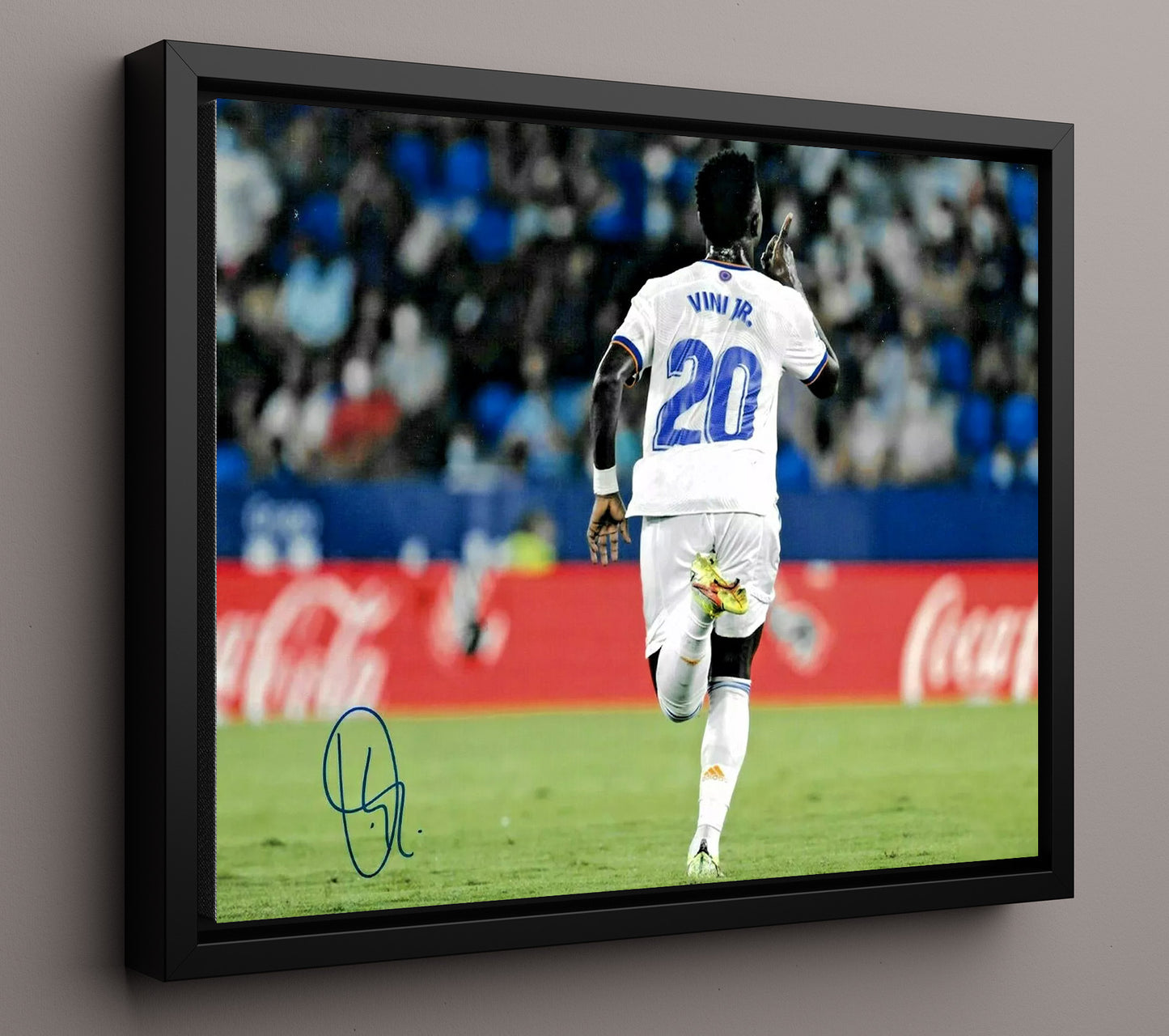 Vinicius Jr Real Madrid Goal Celebration Print Run Away Soccer Print 16x20 Framed Canvas soccer wall art print – Soccer Prints decor