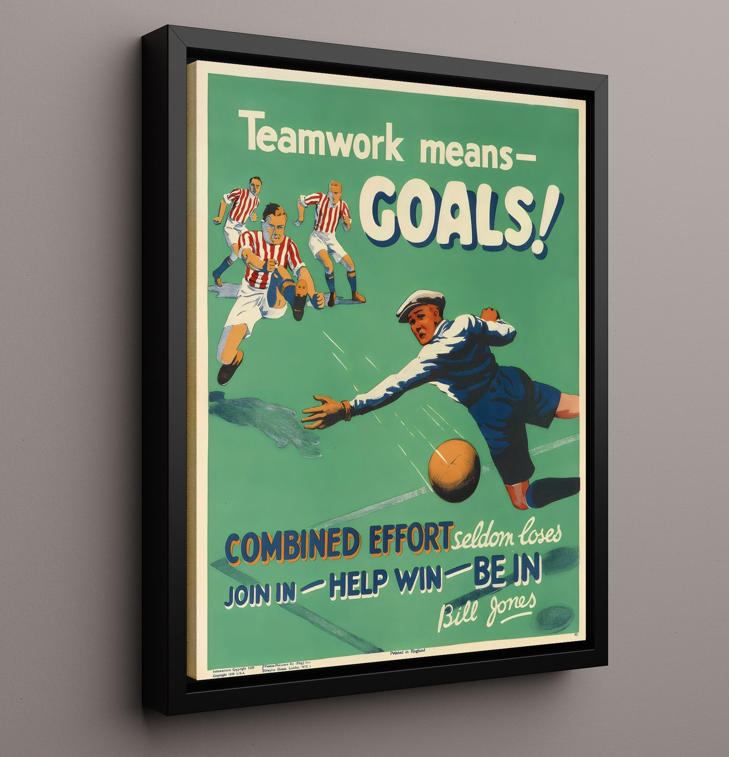 Vintage Football Poster Teamwork Means Goals Motivational Artwork Soccer Wall 16x20 Framed Canvas soccer wall art print – Soccer Prints decor