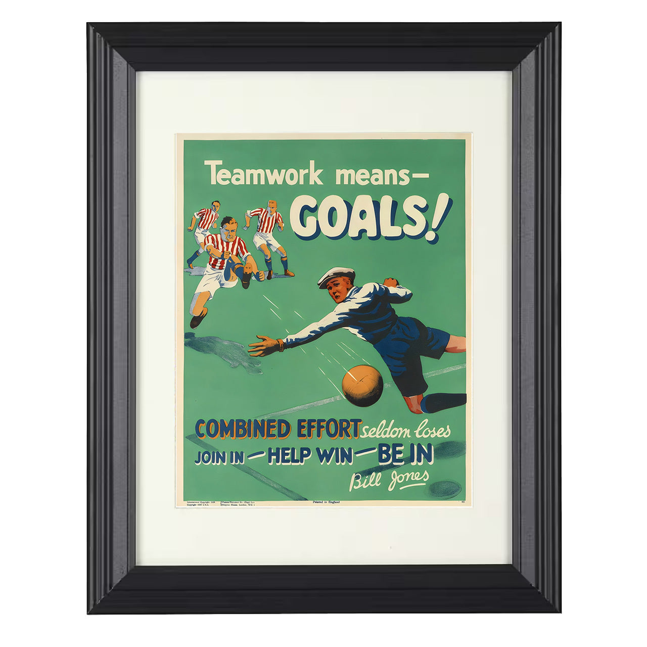 Vintage Football Artwork – Teamwork Means Goals 8x10 matted black framed soccer wall art