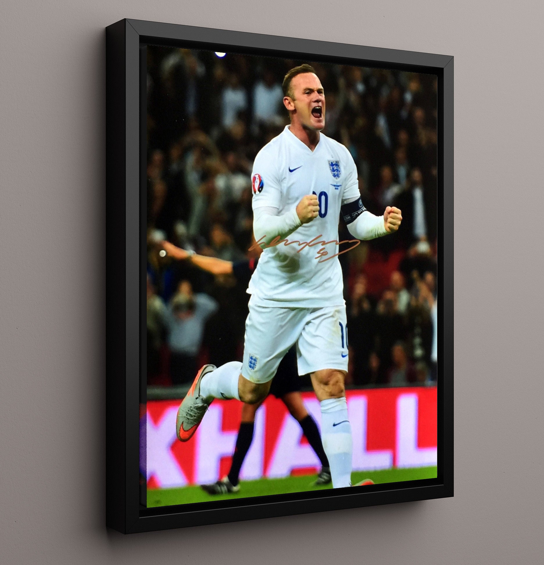 Wayne Rooney England Goal Celebration Print Autographed Photo Soccer Print 16x20 Framed Canvas soccer wall art print – Soccer Prints decor