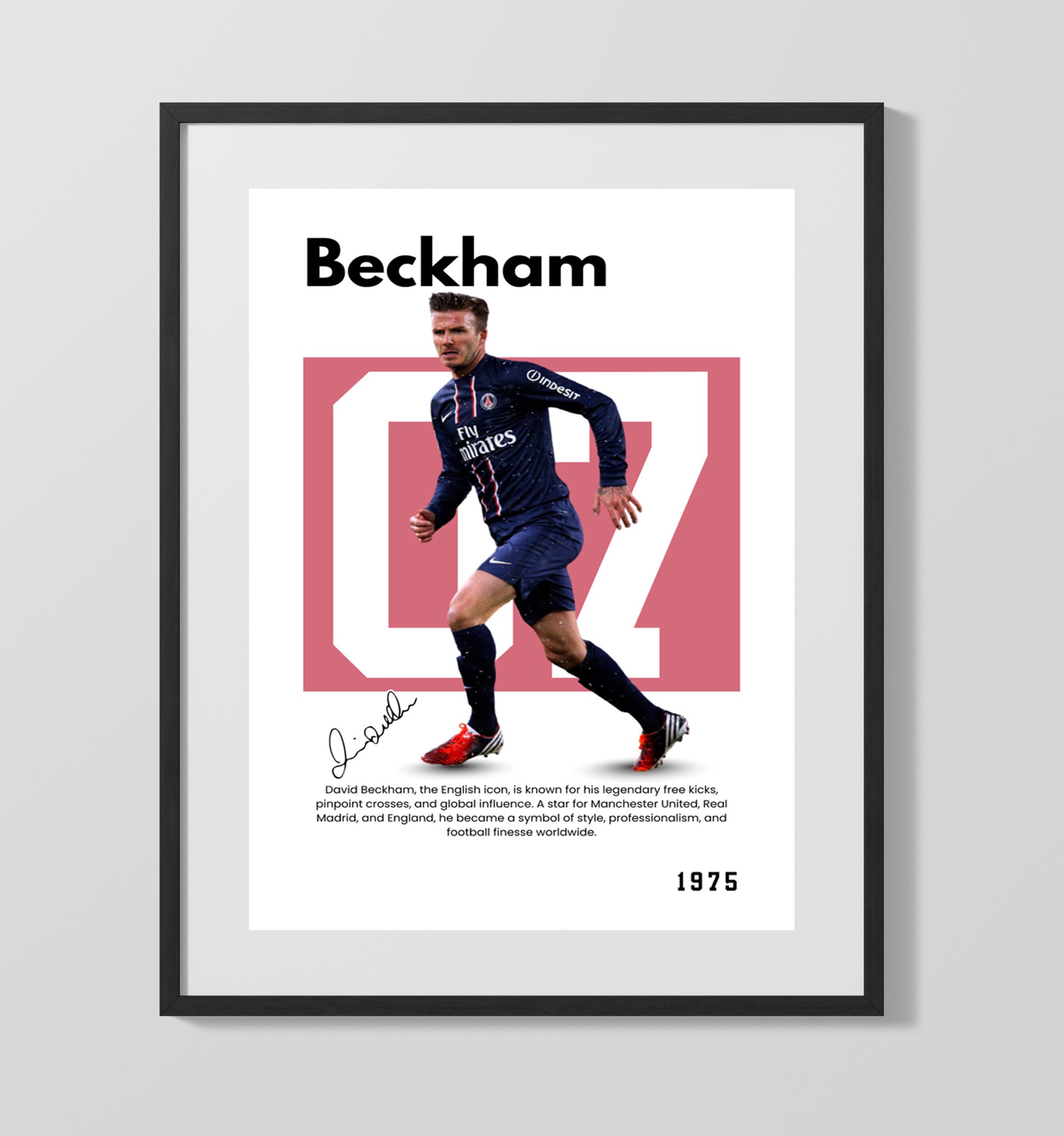 Soccer Legends - Beckham - No. 01 Player Bio Poster 16x20 16x20 Gallery Framed Artworkd Artwork wall art print – vintage decor