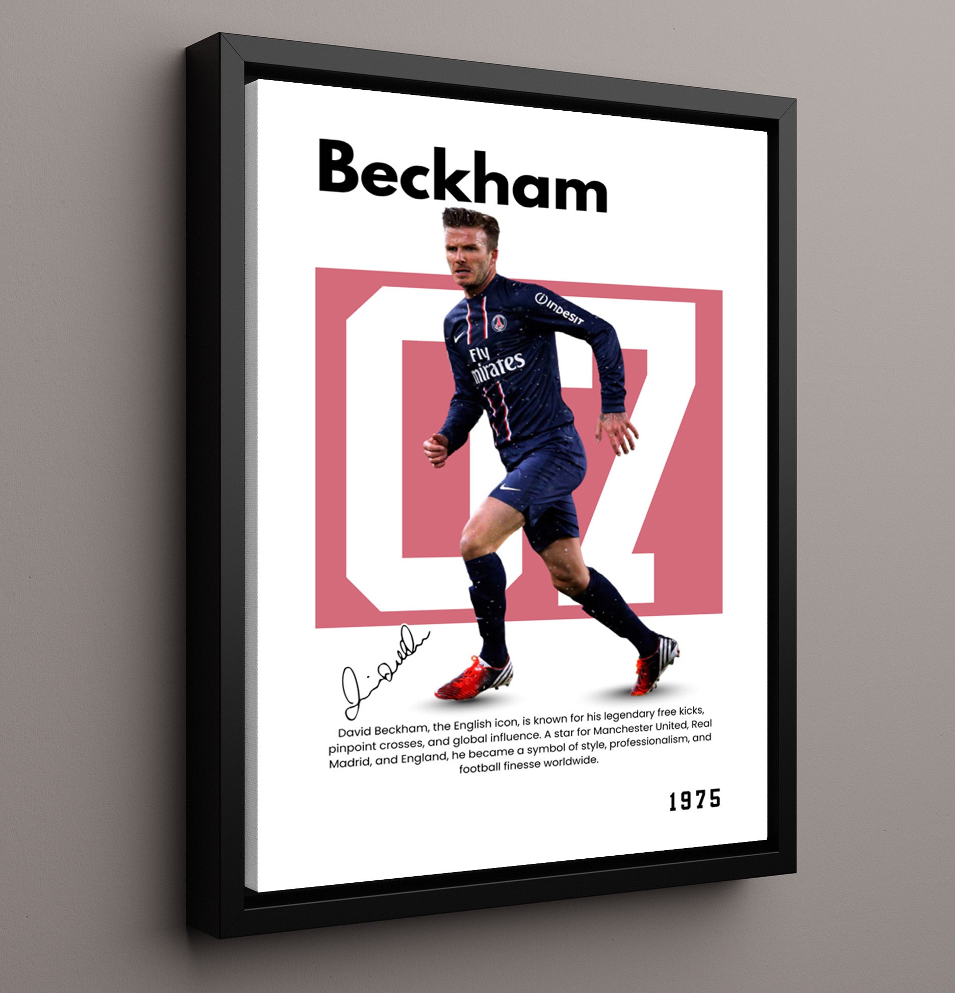 Soccer Legends - Beckham - No. 01 Player Bio Poster 16x20 16x20 Floating Canvas Display Display wall art print – vintage decor