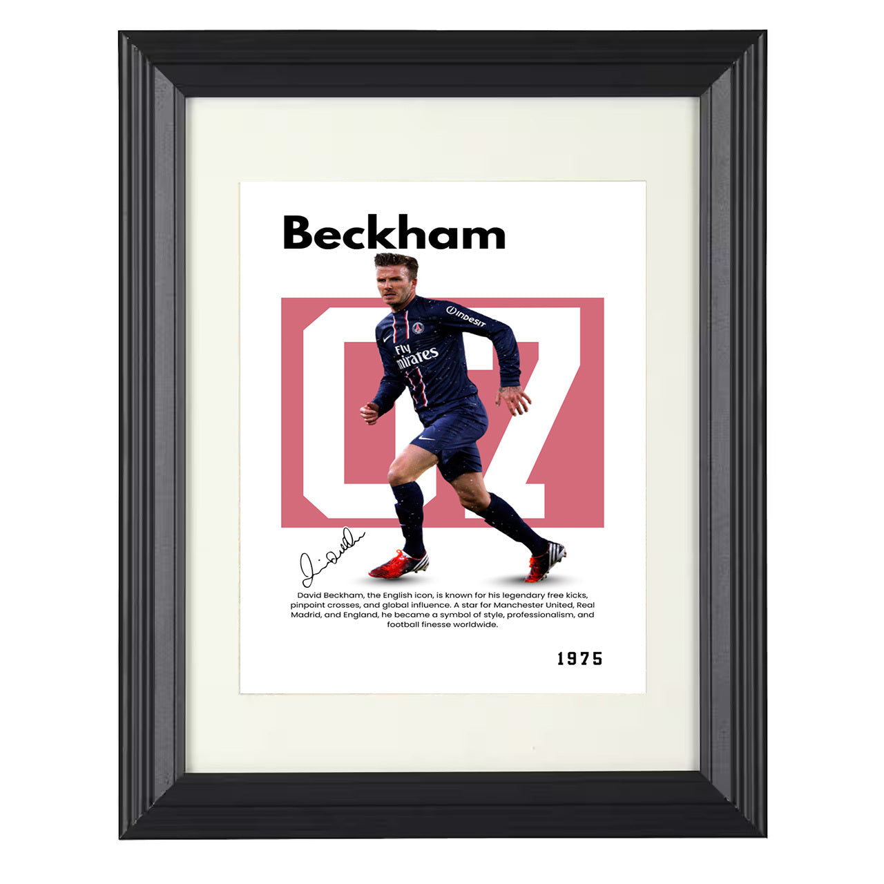 David Beckham – No. 01 Player Bio Artwork 8x10 matted black framed soccer wall art