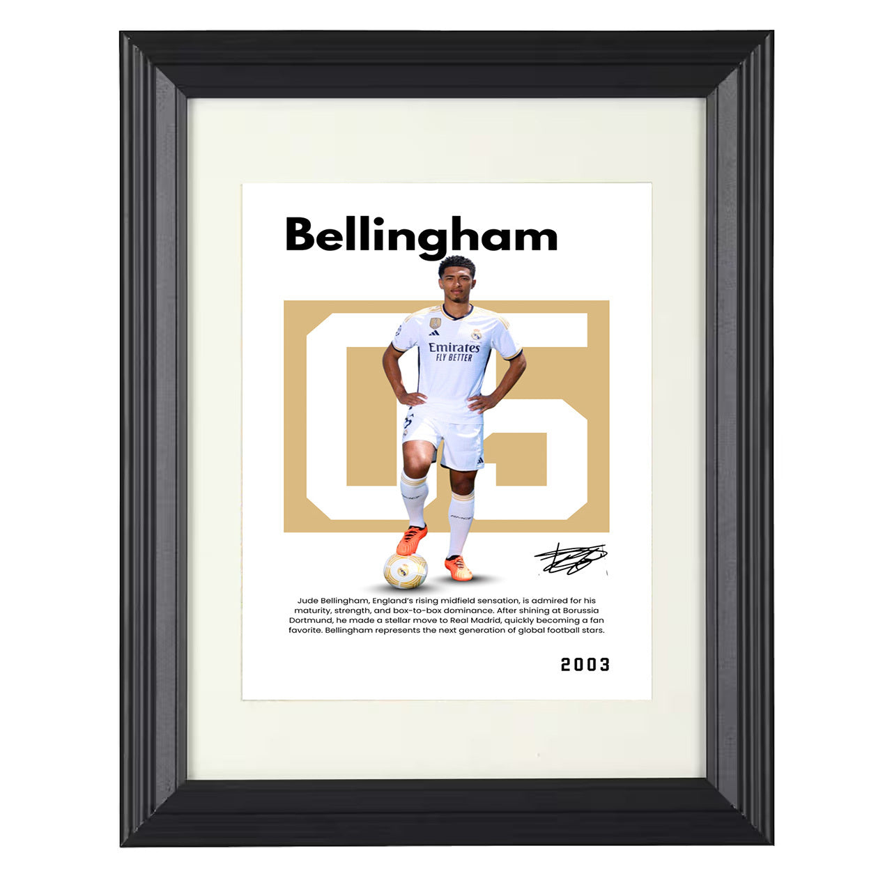 Jude Bellingham – No. 07 Player Bio Artwork 8x10 matted black framed soccer wall art