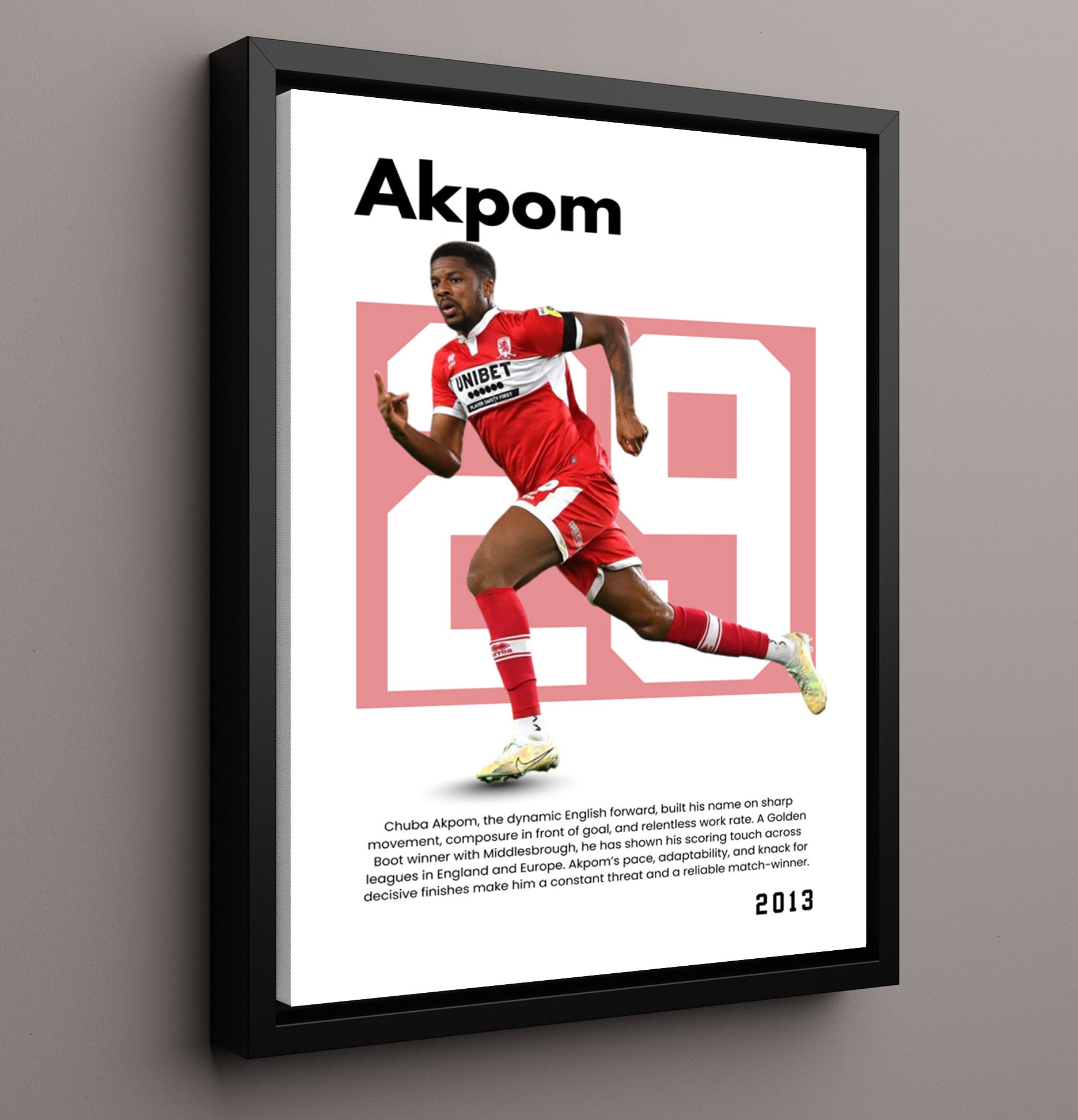 Soccer Legends - Chuba Akpom - No. 29 Player Bio Poster 16x20 16x20 Floating Canvas Display Display wall art print – vintage decor