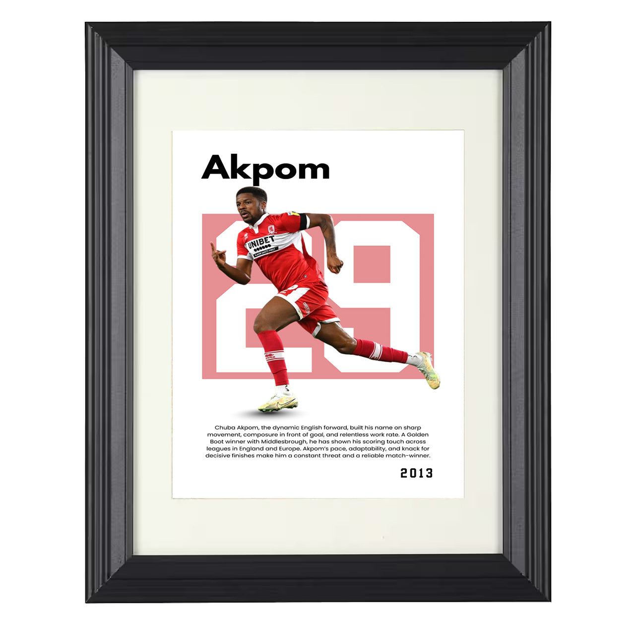 Chuba Akpom – No. 29 Player Bio Artwork 8x10 matted black framed soccer wall art