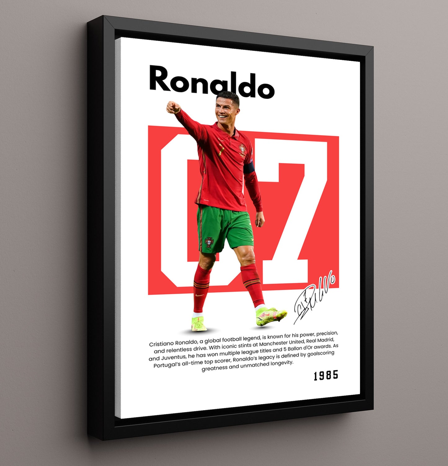 Soccer Legends - Cristiano Ronaldo - No. 07 Player Bio Poster 16x20 16x20 Floating Canvas Display Display wall art print – vintage decor