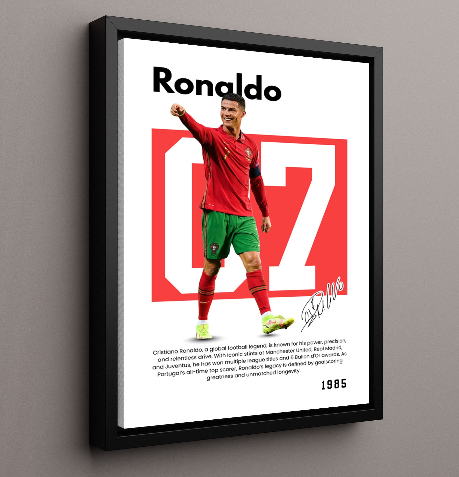 Soccer Legends - Cristiano Ronaldo - No. 07 Player Bio Poster 16x20 16x20 Floating Canvas Display Display wall art print – vintage decor