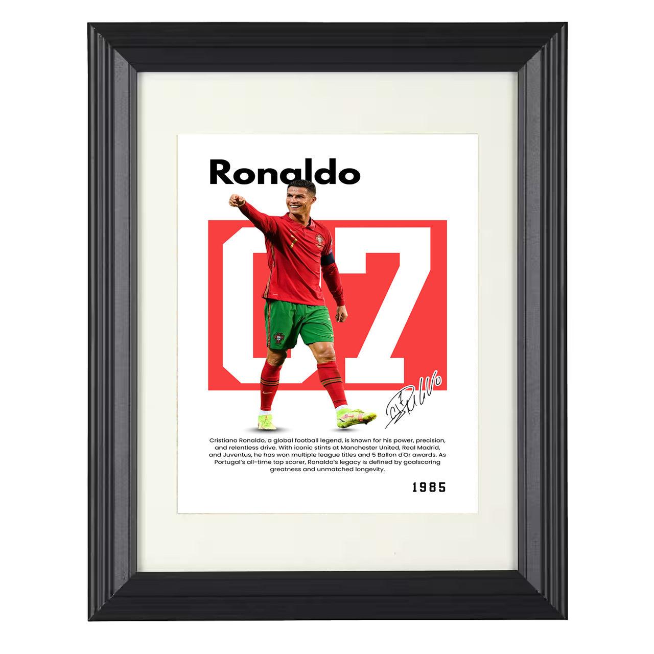 Cristiano Ronaldo – No. 07 Player Bio Artwork 8x10 matted black framed soccer wall art