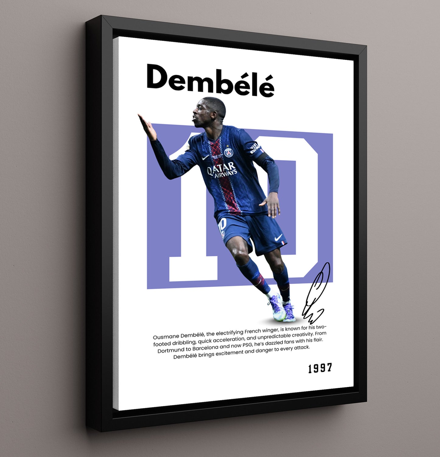 Soccer Legends - Dembele - No. 19 Player Bio Poster 16x20 16x20 Floating Canvas Display Display wall art print – vintage decor